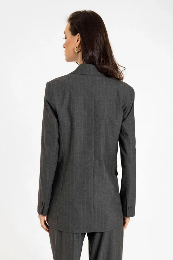 Antioch Anthracite Women's Single Button Striped Blazer Jacket