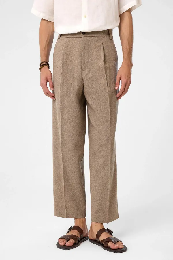 Antioch Kahve Yüksek Bel Pileli Relax Fit Erkek Pantolon