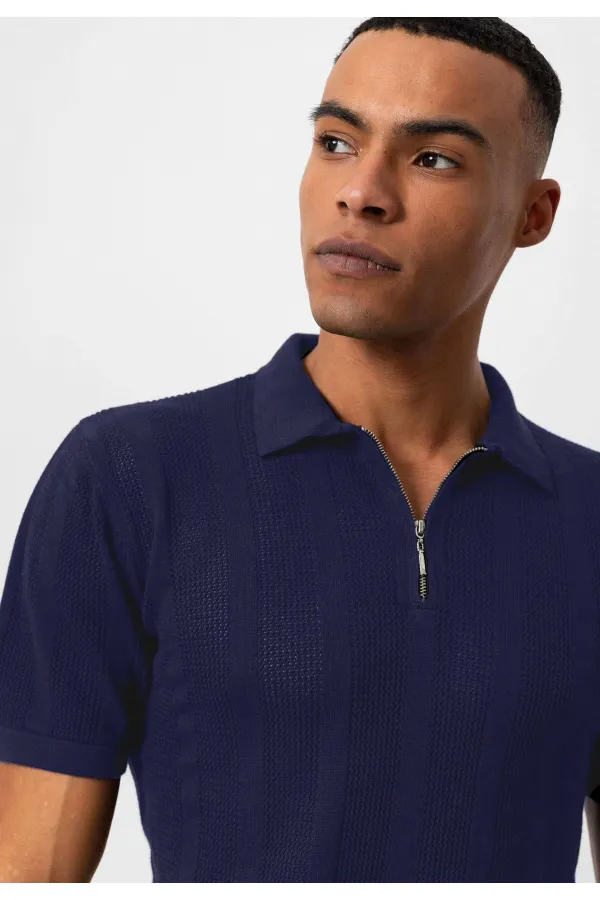 Antioch Navy Blue Polo Collar Zip-Up Knitted Men's T-Shirt