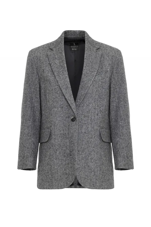 Antioch Black Women's Relax Fit Herringbone Pattern Blazer Jacket