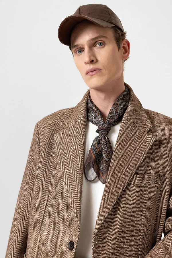 Antioch Kahve Balıksırtı Desenli Oversize Erkek Blazer Ceket