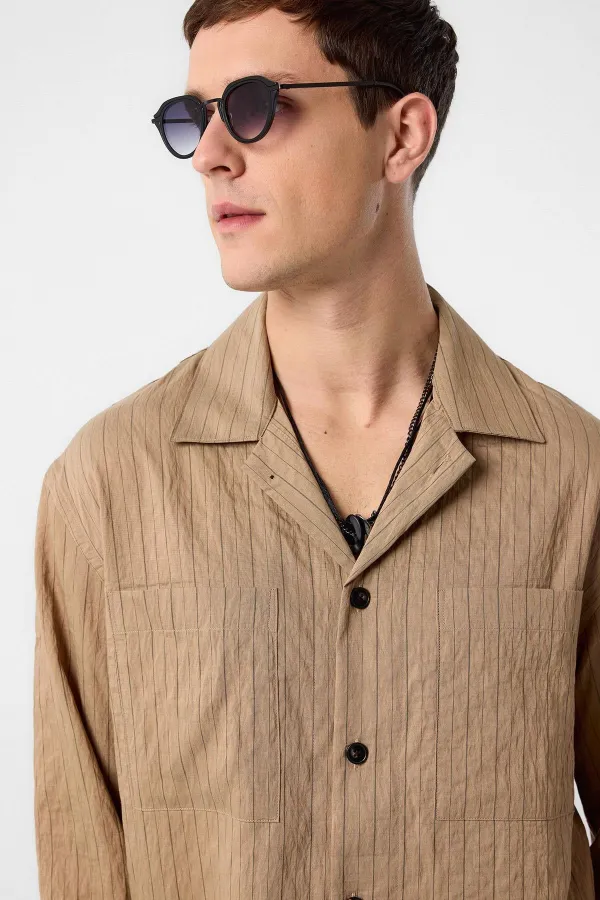 Antioch Açık Kahve Modal Kumaş Çizgili Erkek Gömlek