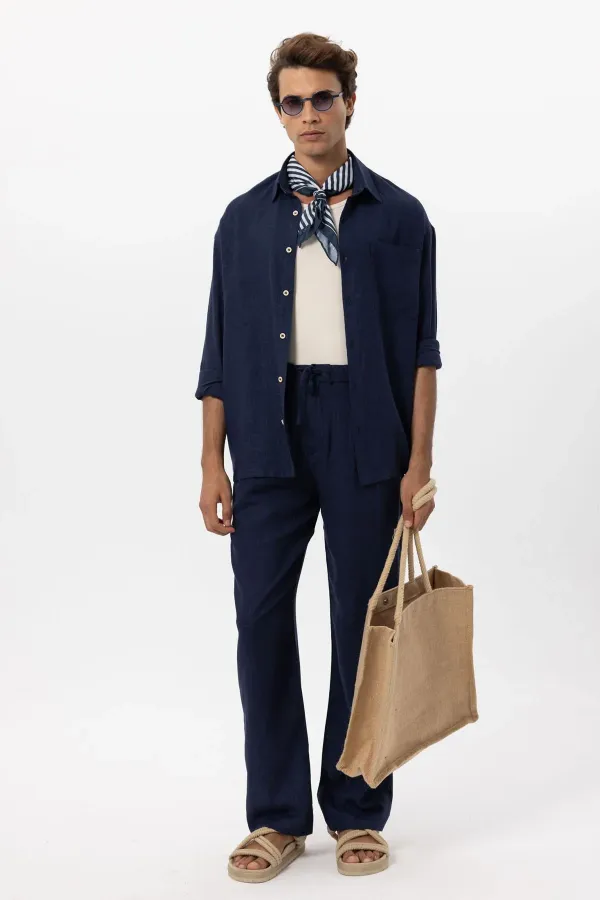 Antioch Navy Blue Linen Blend Baggy Men's Trousers with Belt