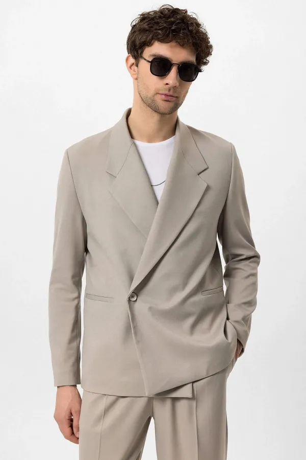 Antioch Beige Double-Breasted Men's Blazer Jacket with Welt Pockets