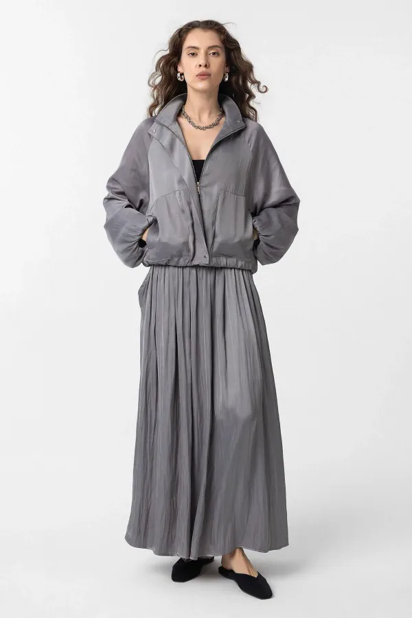 Antioch Gri Dik Yaka İnce Kadın Bomber Ceket