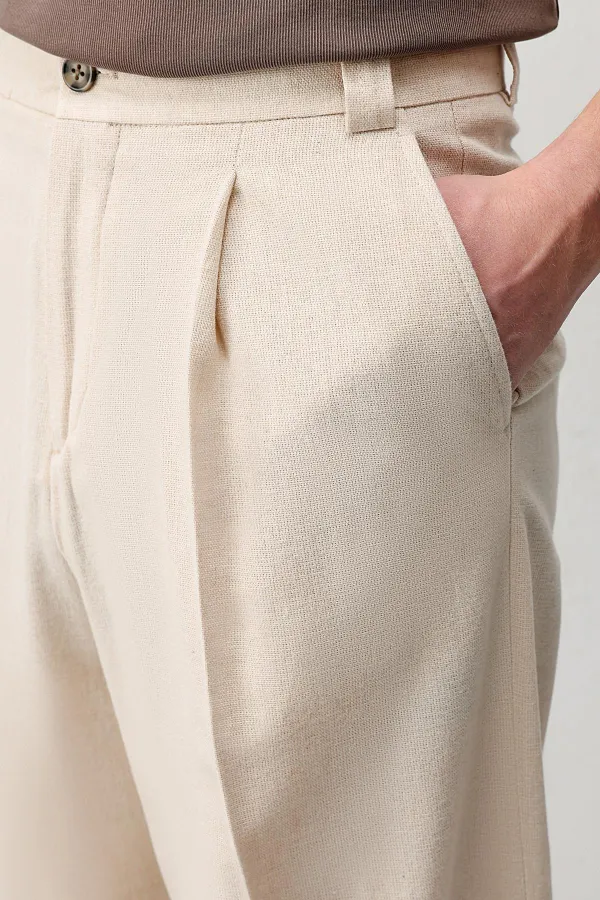 Antioch Beige High Waist Pleated Relax Fit Men's Trousers