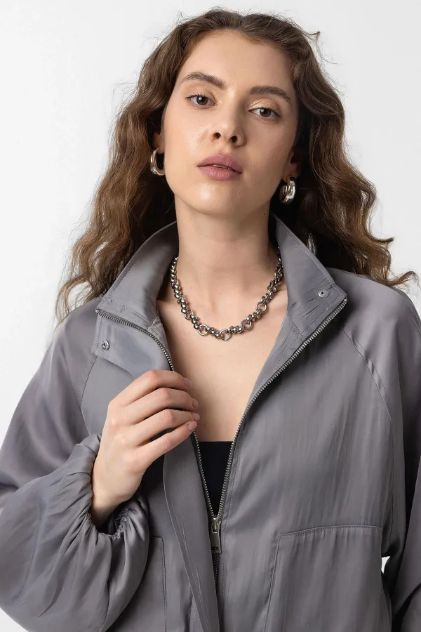 Antioch Gri Dik Yaka İnce Kadın Bomber Ceket
