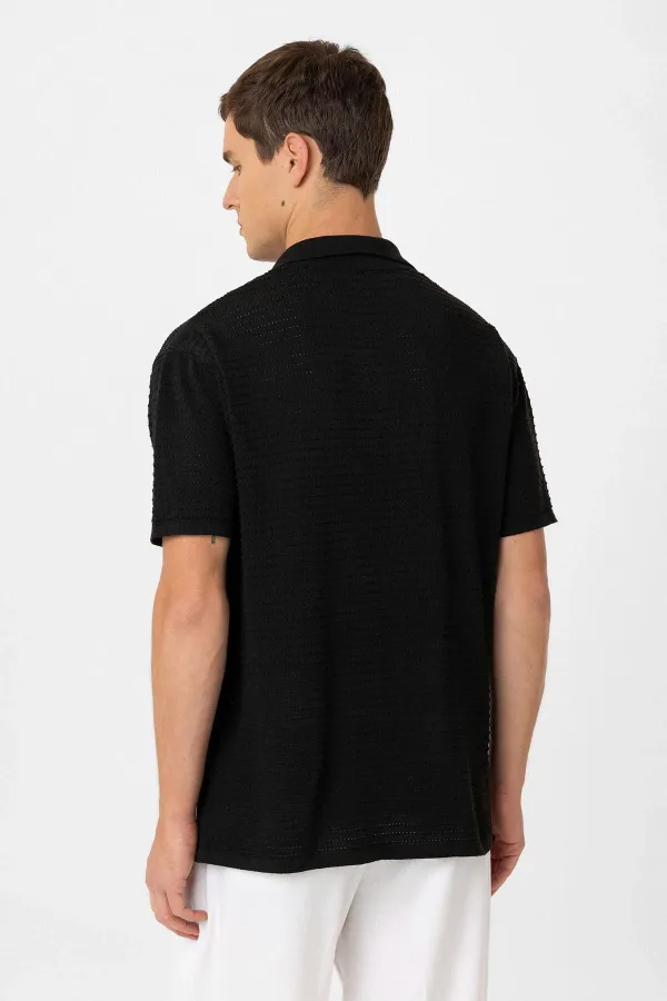 Antioch Black Polo Collar Textured Men's Knit T-Shirt
