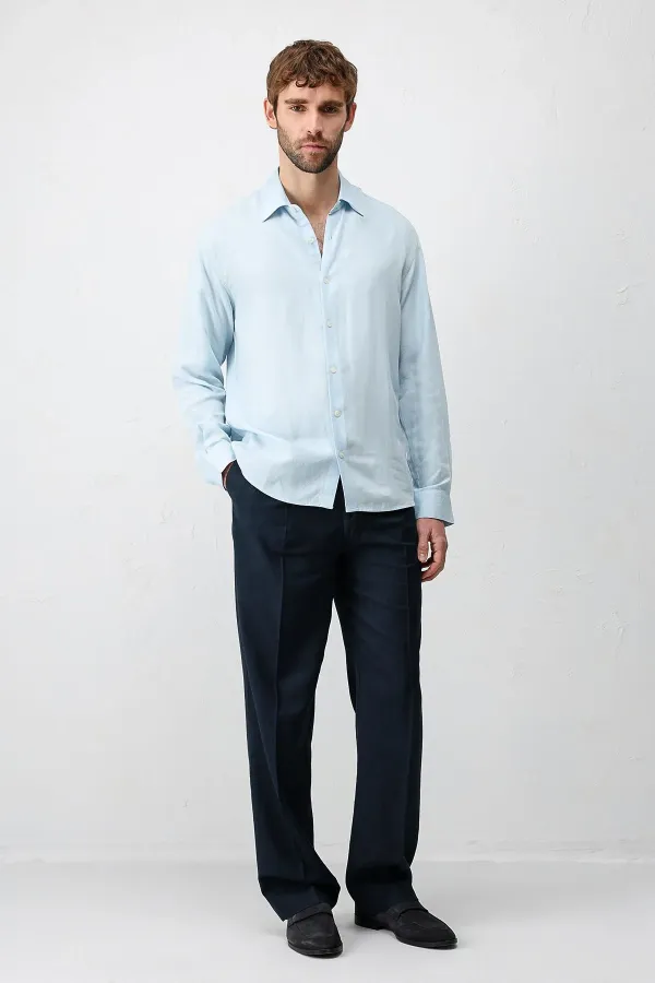 Chemise homme Antioch Bebe bleue en lin mélangé, coupe décontractée
