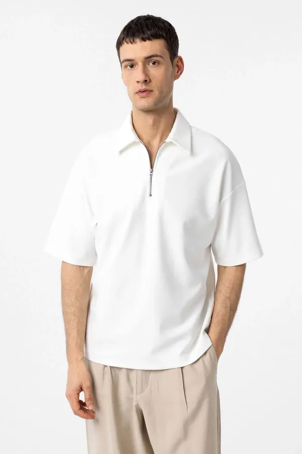 Antioch Ekru Relax Fit Fermuarlı Polo Yaka Erkek T-Shirt