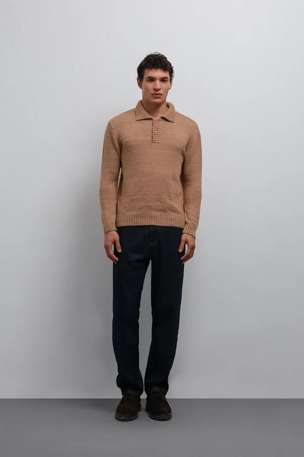 Pull homme Antioch beige à col boutonné