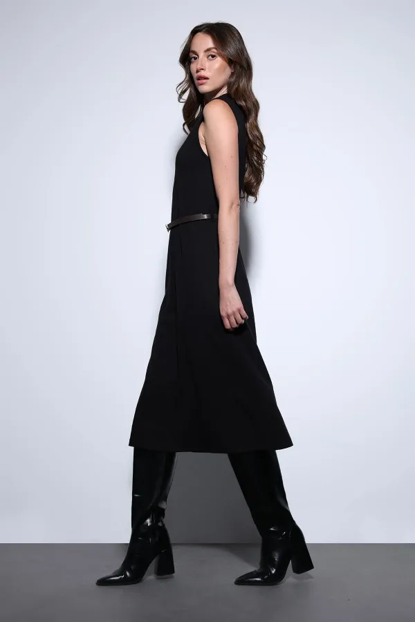 Antioch Black Women's Midi Dress with Belt Detail