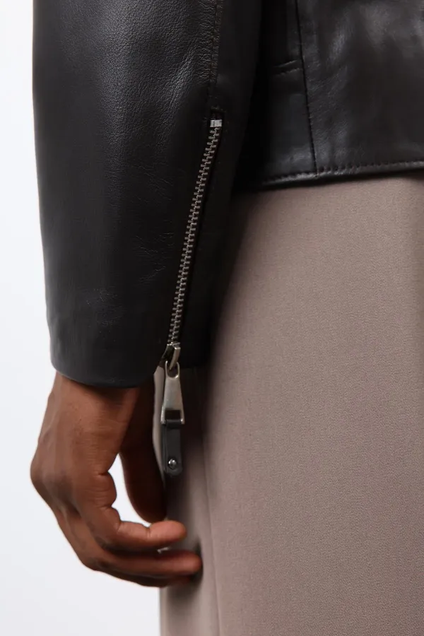 Antioch Koyu Kahve 100% Deri Biker Ceket