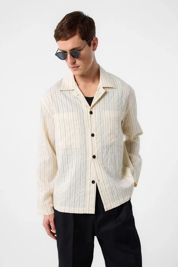 Antioch Ekru Modal Kumaş Çizgili Erkek Gömlek