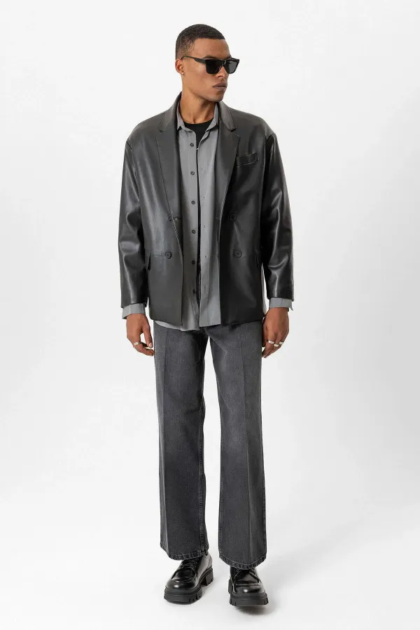 Antioch Siyah Suni Deri Kruvaze Erkek Ceket