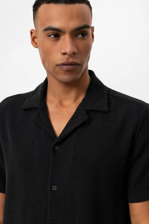 Antioch Black Apache Collar Knitted Textured Men's Shirt