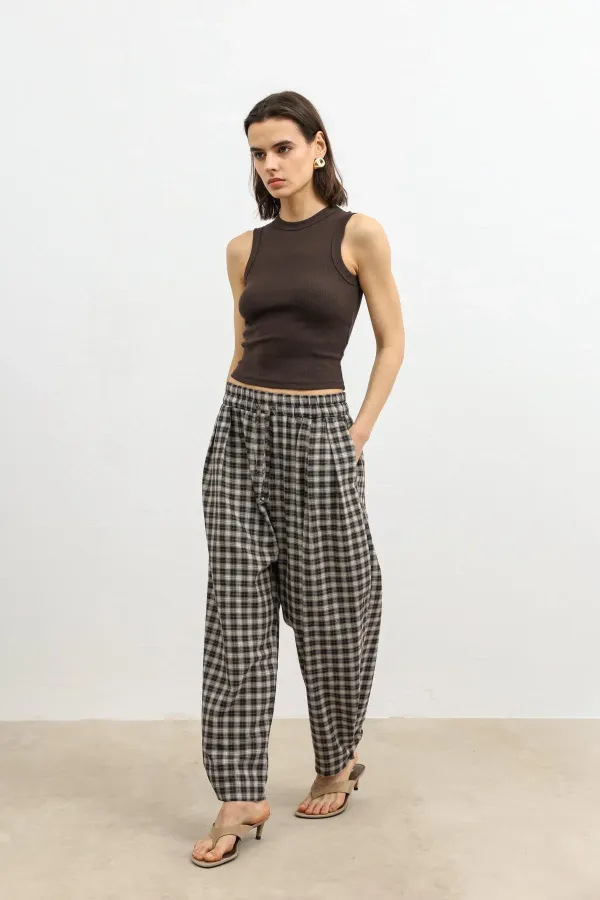 Pantalon à carreaux Antioch Coffee pour femme, ourlet ajustable