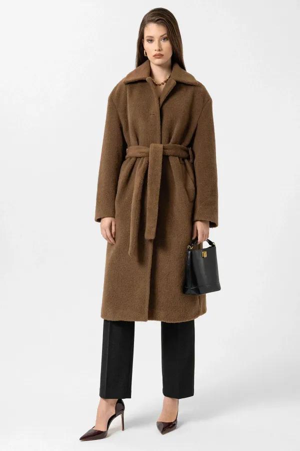 Manteau texturé doux avec ceinture pour femme Antioch Coffee