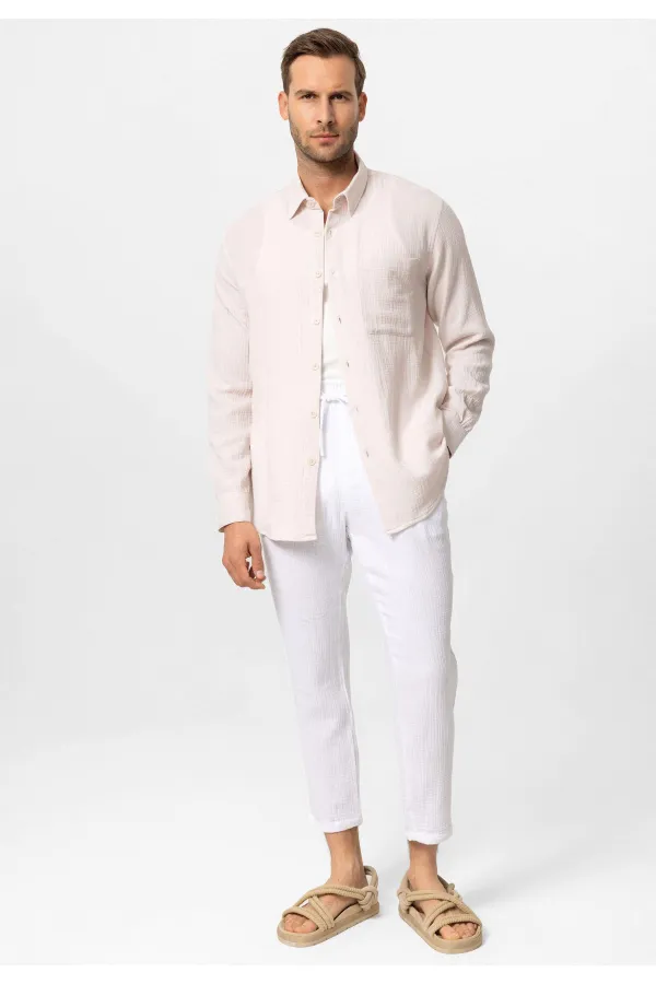 Antioch Ecru Muslin Fabric Long-Sleeve Men's Shirt