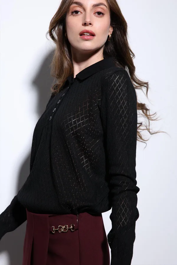 Antioch Siyah Polo Yaka Desenli Triko Kadın Kazak