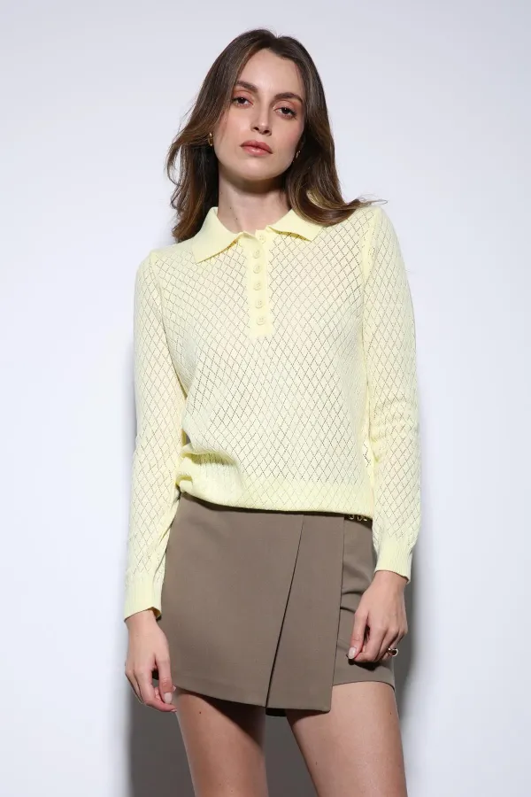 Pull en maille à motif Antioch jaune à col polo pour femme