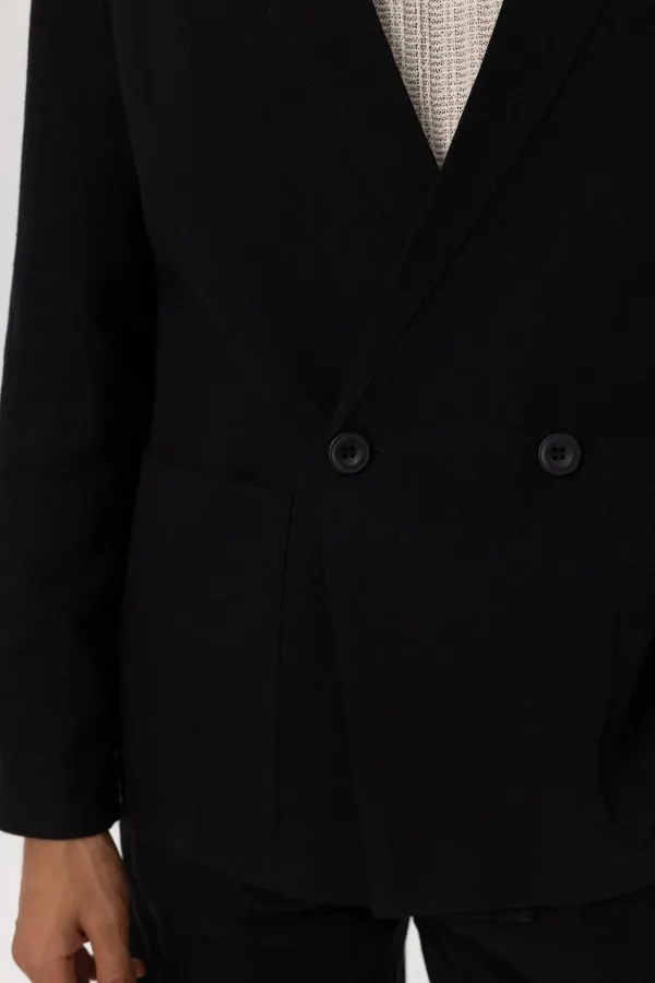 Antioch Black Linen Blend Double-Breasted Button-Down Men's Blazer Jacket
