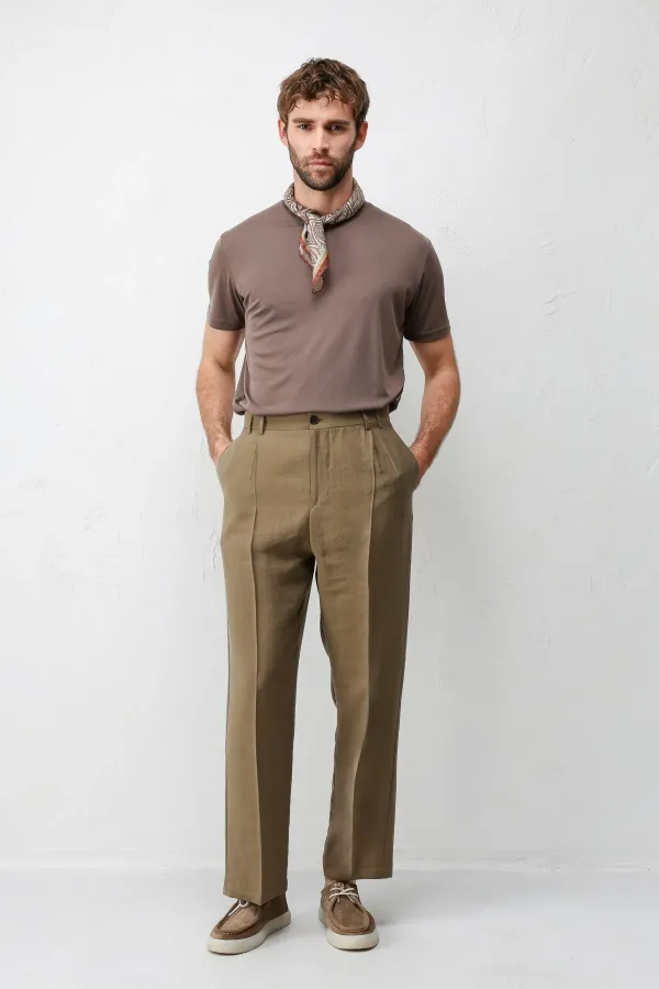 Antioch Khaki Lyocell Relaxed Fit Pleated Men's Trousers Antioch Khaki Lyocell Relaxed Fit Pleated Men's Trousers