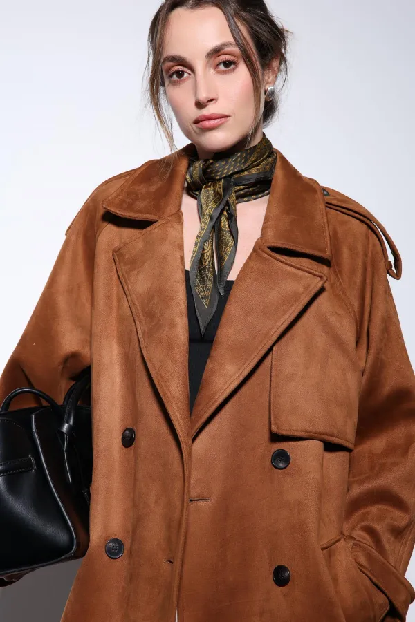 Antioch Taba Kruvaze Süet Görünümlü Premium Kadın Trençkot