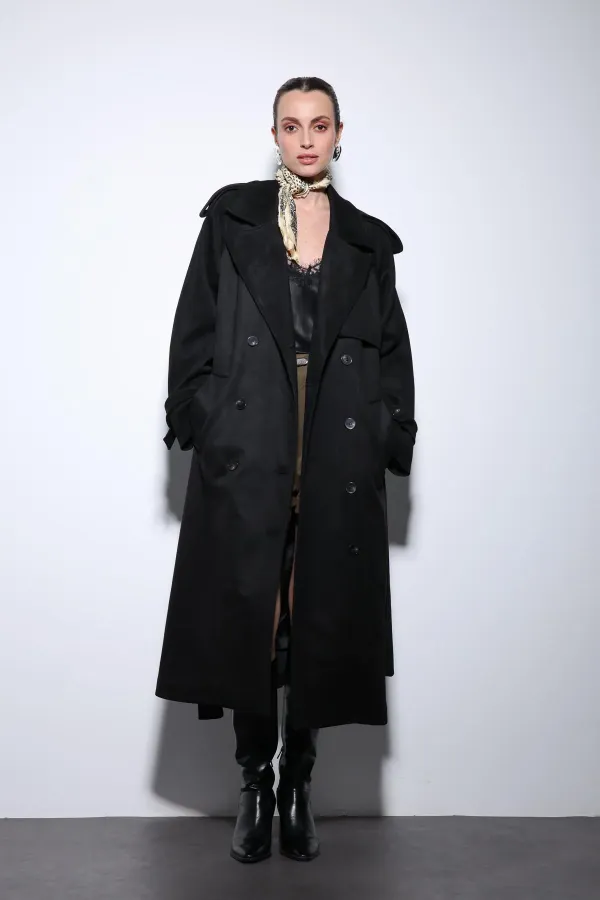 Antioch Black Double-Breasted Suede-Look Premium Women's Trench Coat