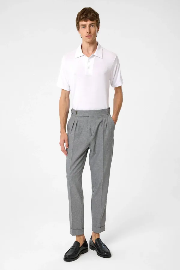 Antioch Dark Grey High-Waisted Pleated Fabric Trousers with Side Buckle