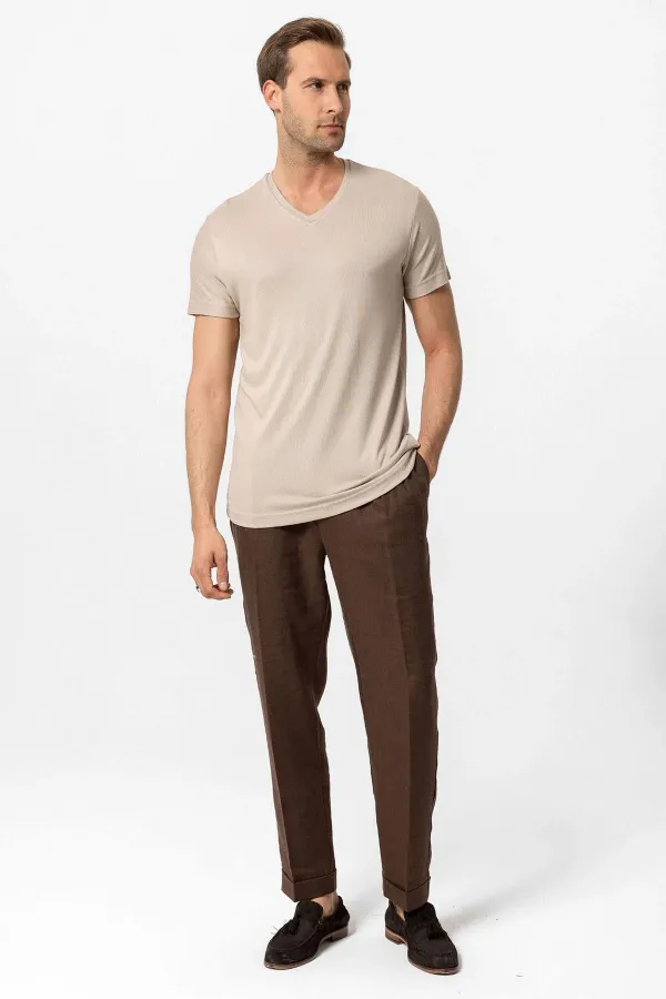 Antioch Açık Bej Basic V Yaka Erkek T-Shirt