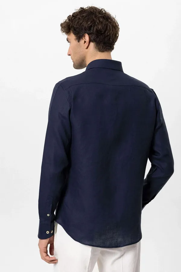 Antioch Lacivert Yaka Düğme Detaylı %100 Keten Erkek Gömlek
