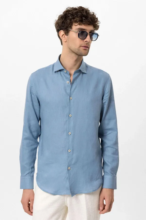 Antioch Bebe Blue Collar Button Detail 100% Linen Men's Shirt