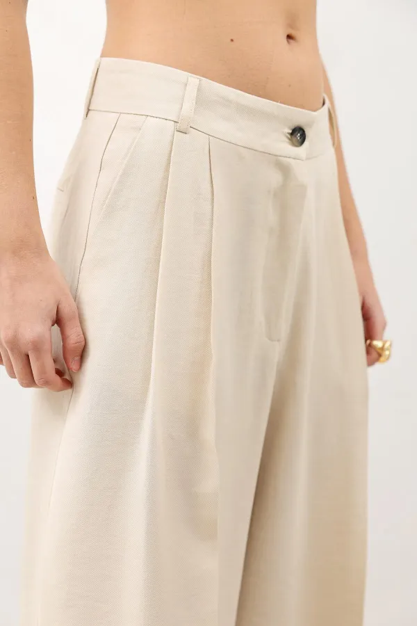 Antioch Krem Pileli Palazzo Kadın Pantolon