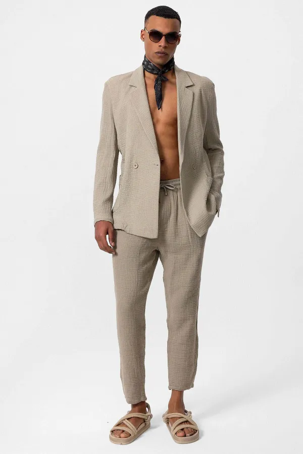 Antioch Beige Double-Breasted Unlined Men's Blazer Jacket