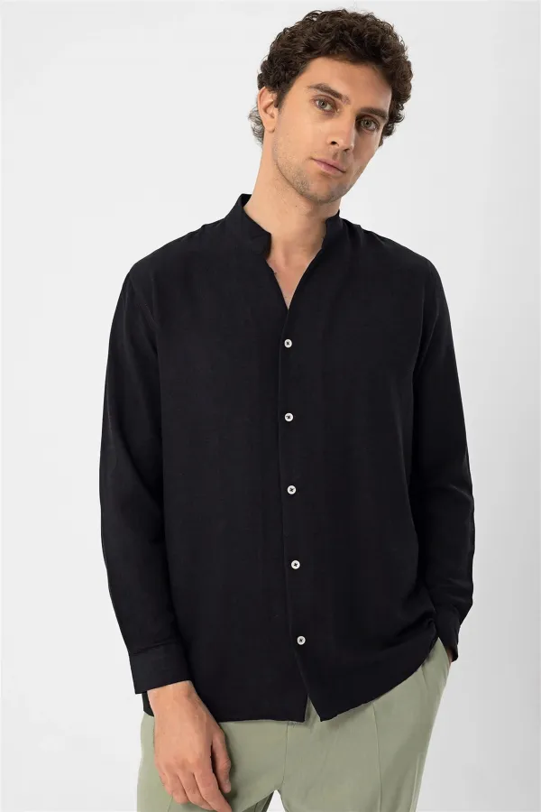 Antioch Black Mandarin Collar Long-Sleeve Men's Shirt