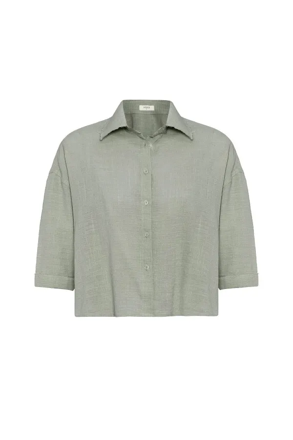 Antioch Haki Crop Dokulu Kadın Gömlek