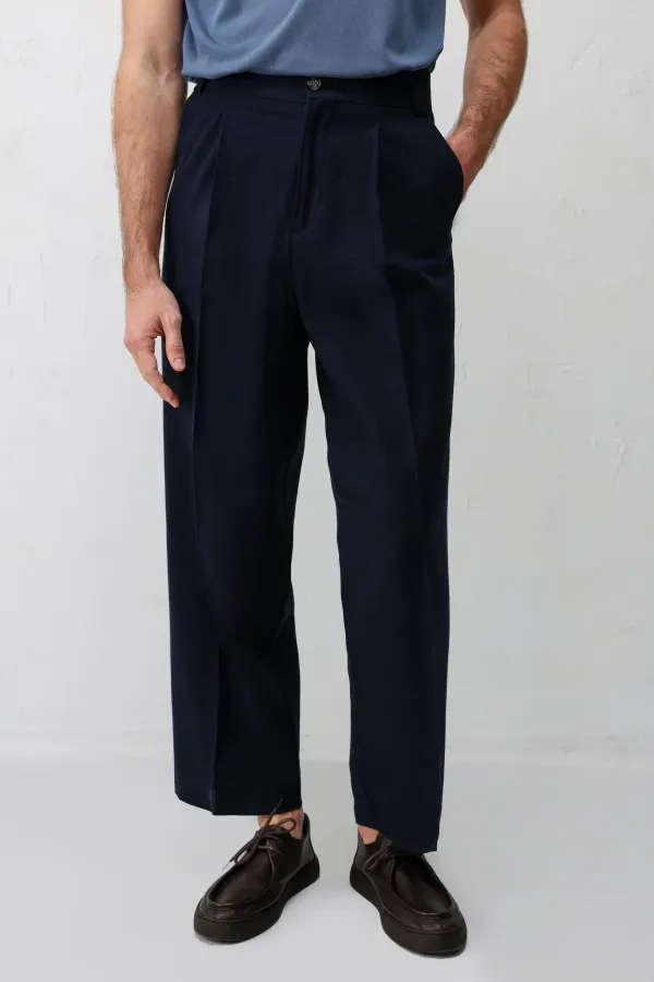 Antioch Navy Blue High-Waisted Pleated Relax Fit Men's Trousers