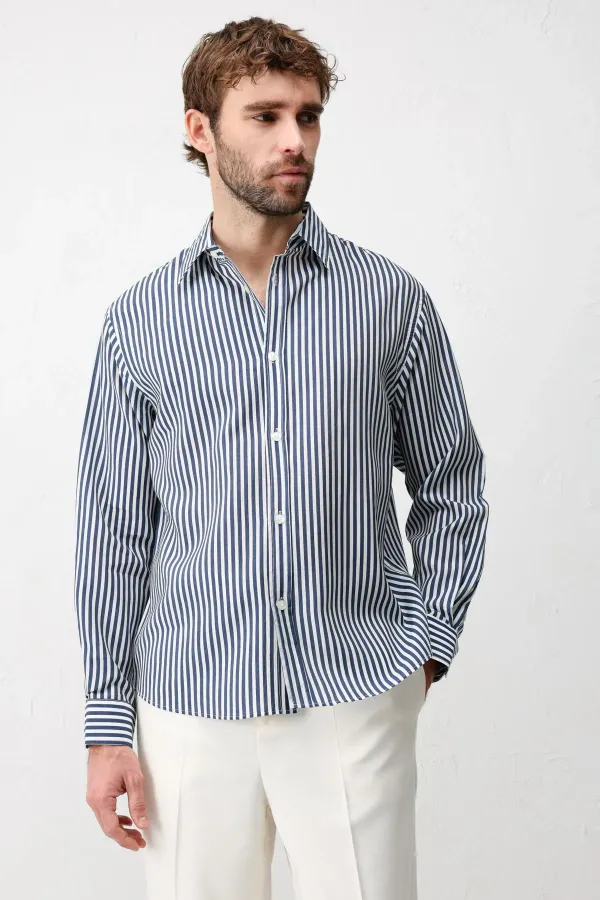 Chemise rayée Antioch bleu marine en mélange lyocell, coupe décontractée, pour homme