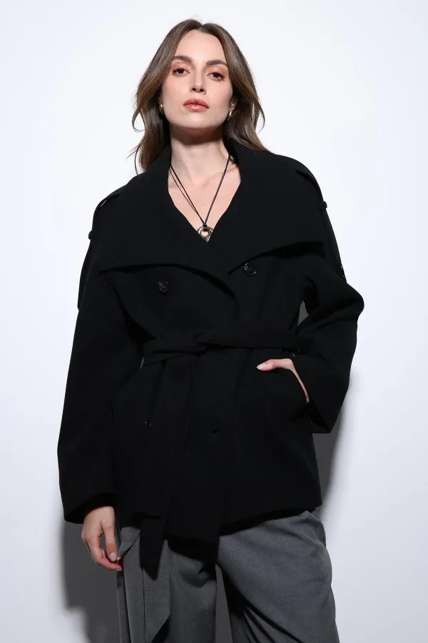 Manteau Antioch noir à col montant et double boutonnage pour femme