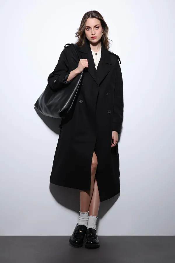 Antioch Black Double-Breasted Belted Women's Trench Coat