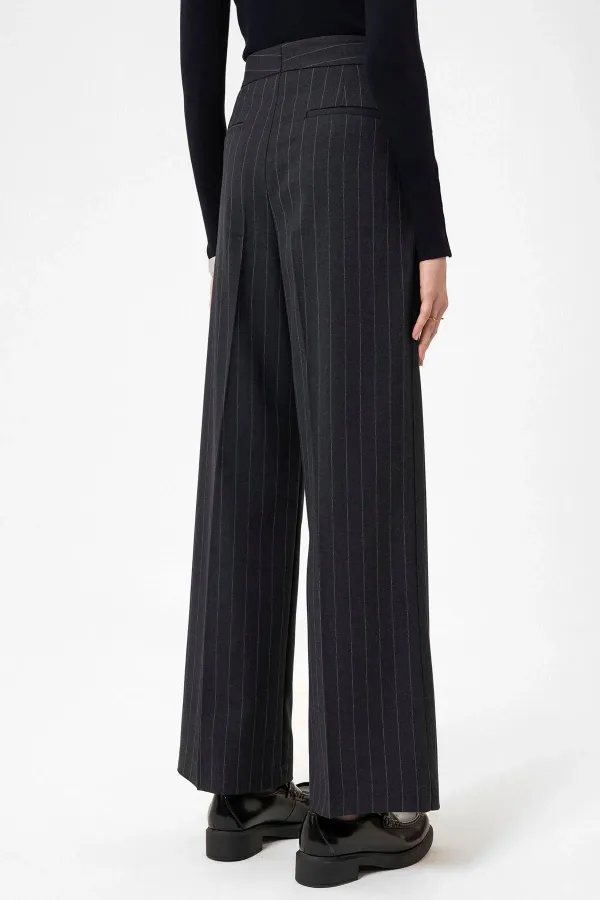 Antioch Lacivert Kadın Yüksek Bel Pileli Çizgili Pantolon