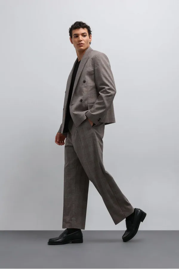 Antioch Kahve Ekoseli Kruvaze Erkek Blazer Ceket