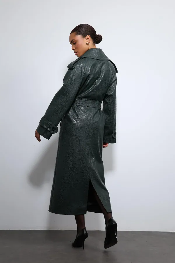 Antioch Haki Dokulu Suni Deri Trençkot