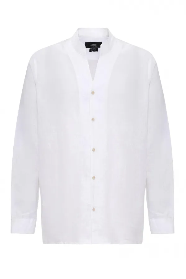 Antioch White Mandarin Collar Long-Sleeved Men's Shirt