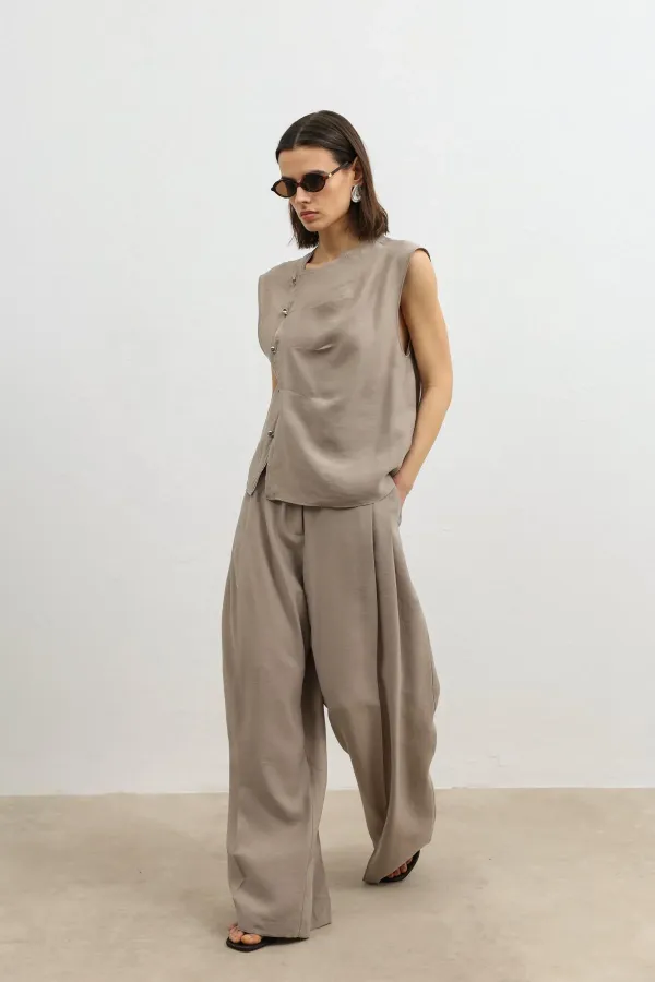 Antioch Beige Lyocell Blend Wide Leg Women's Trousers