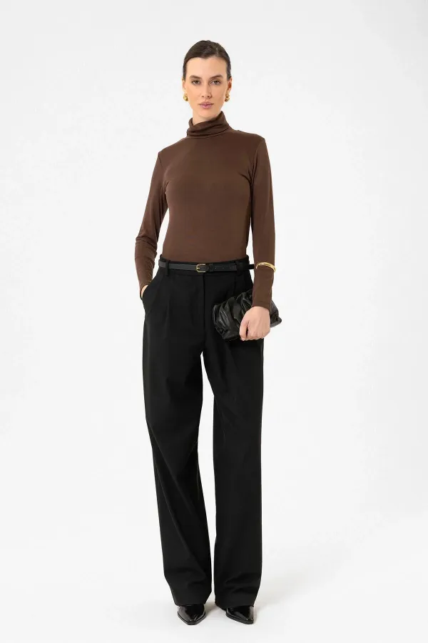 Antioch Black Women's High Waist Straight Fit Pants with Dart Detail
