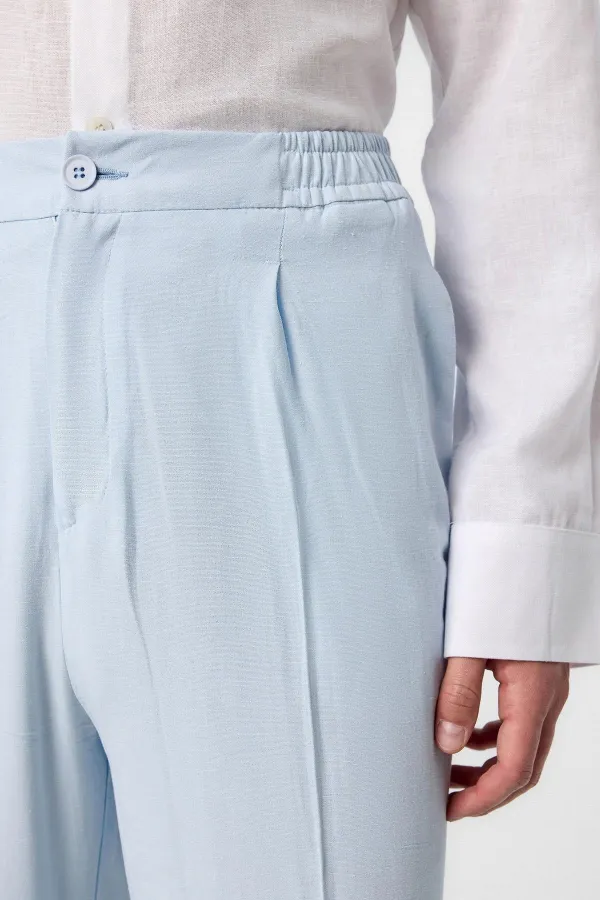 Antioch Bebe Mavi Yüksek Bel Pileli Keten Karışımlı Erkek Pantolon