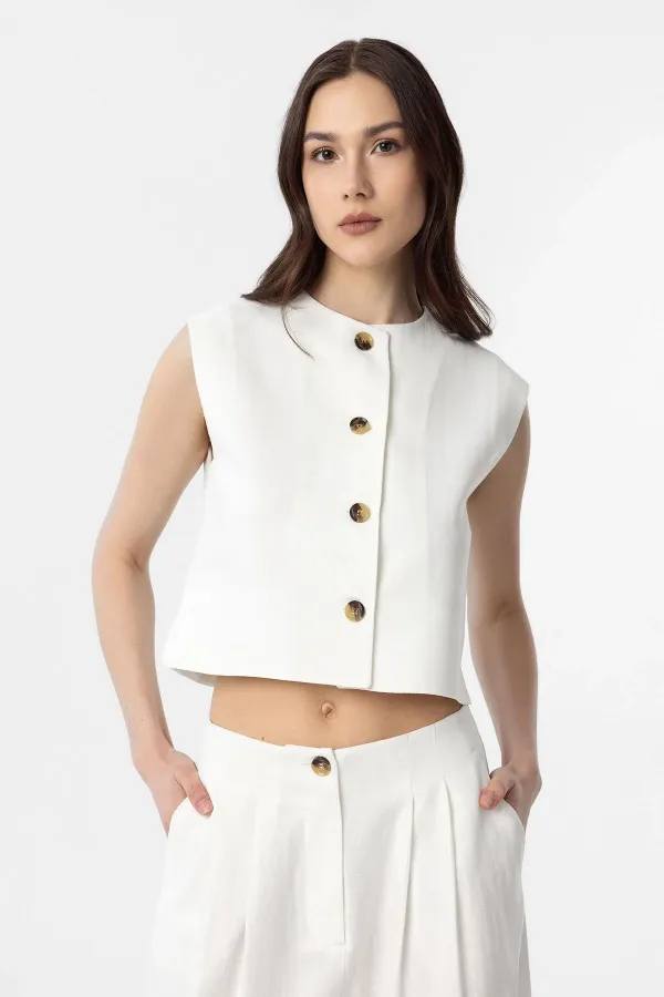 Antioch Beyaz Keten Karışımlı Kadın Yelek