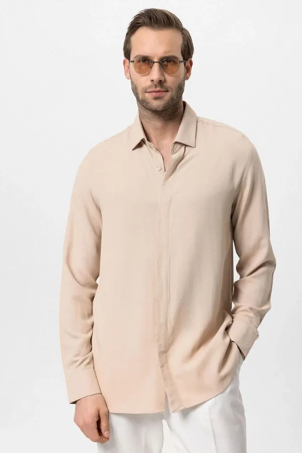 Antioch Beige Concealed Button Linen Blend Men's Shirt